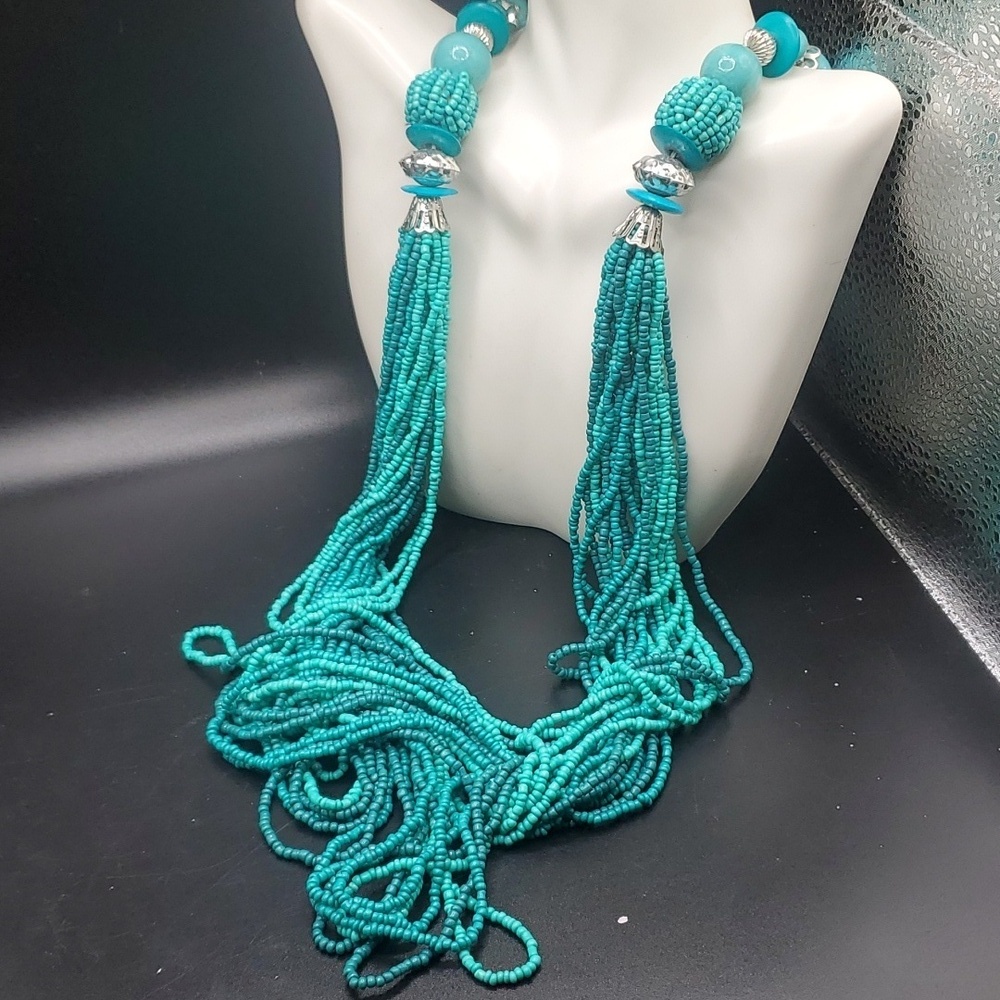 Overflow stunningā aqua blue seed beaded waterfall mermaid necklace